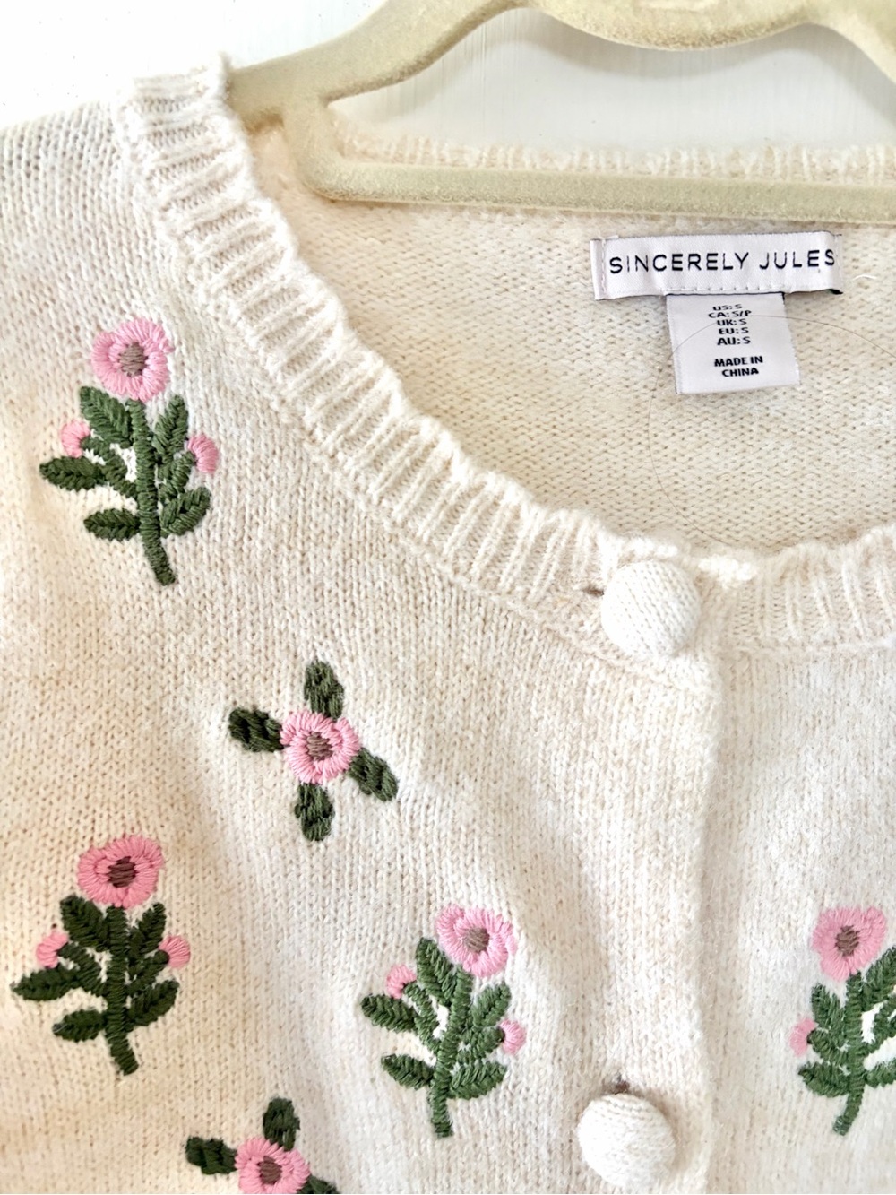 Sincerly Jules Cream Cardigan with Pink Floral Embroidery - Picture 2 of 6